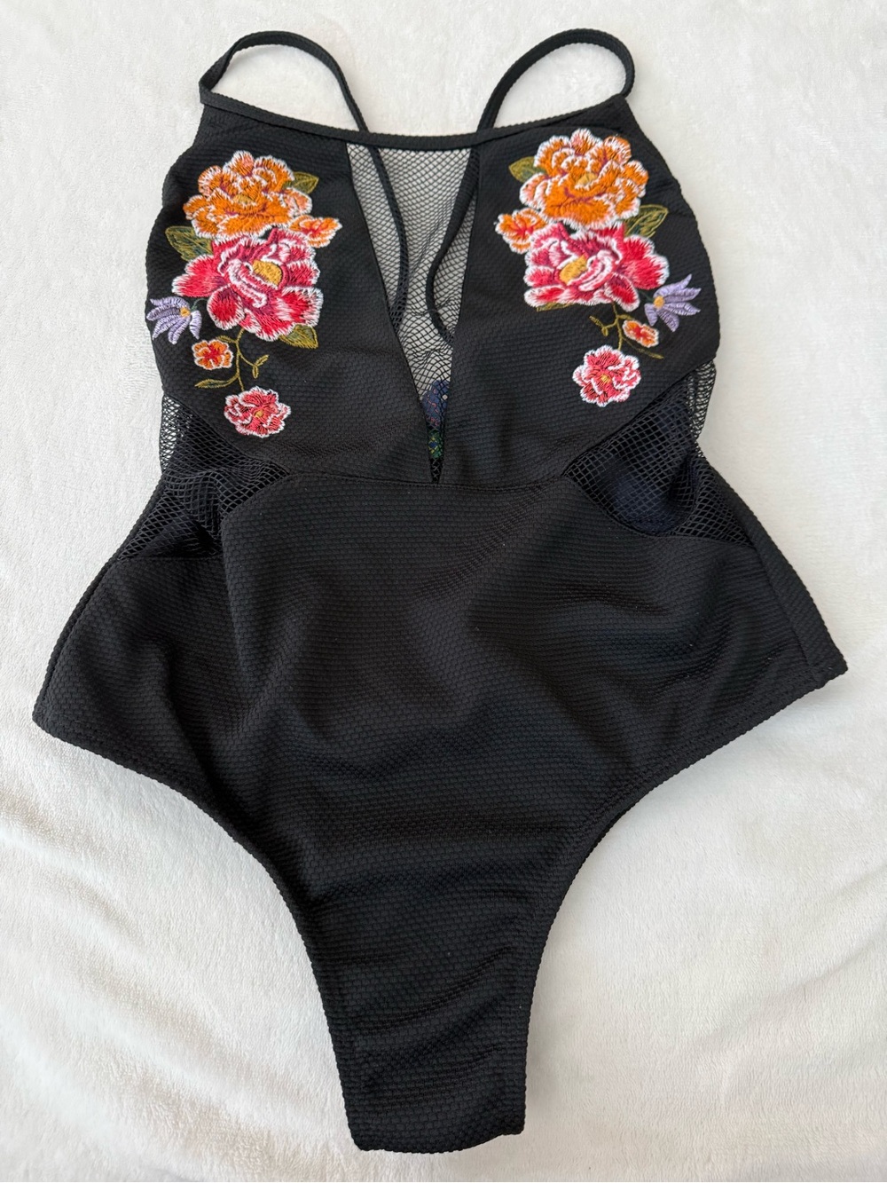 Farm Rio Black Bodysuit with Embroidered Flowers Size XS D75